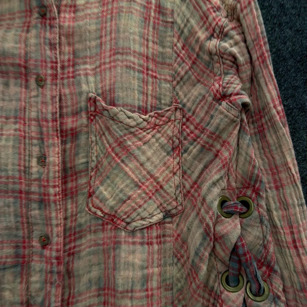 Free People Red Plaid Cotton Gauze Lace Up Side Button Down Shirt Top Boho